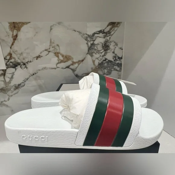 Gucci White Pursuit Web Accent Red Green Slides New - Picture 3 of 11